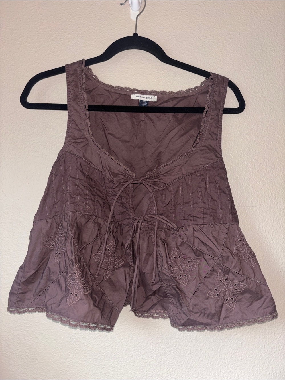 American Eagle Outfitters Mauve Tie-Front Lace-Trim Peplum Tank